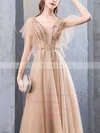 A-line V-neck Tulle Sweep Train Appliques Lace Prom Dresses #UKM020108412