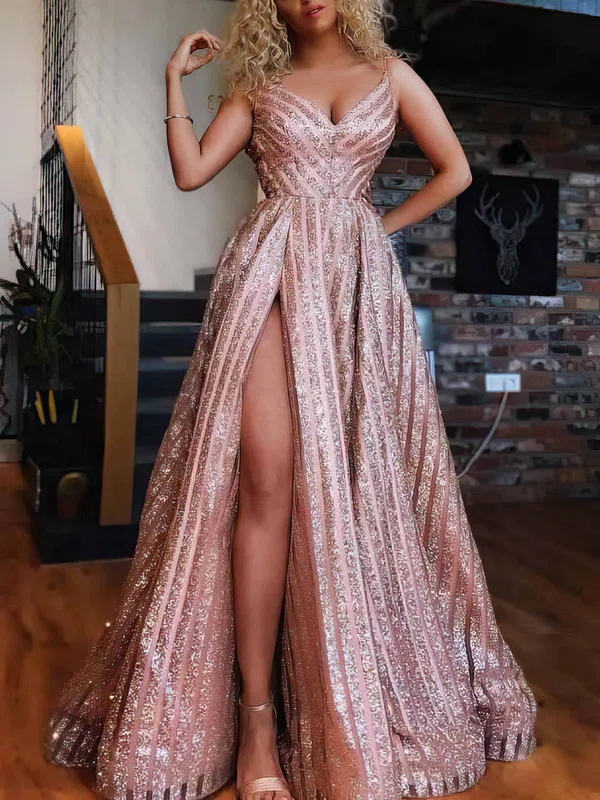 Ball Gown/Princess Floor-length V-neck Sequined Split Front Prom Dresses #UKM020108413