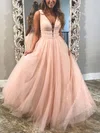 Ball Gown/Princess Floor-length V-neck Glitter Tulle Beading Prom Dresses #UKM020108421