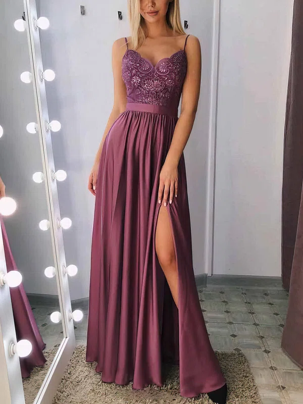 A-line Floor-length V-neck Silk-like Satin Appliques Lace Prom Dresses #UKM020108425