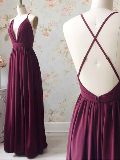 A-line V-neck Silk-like Satin Floor-length Ruffles Prom Dresses #UKM020108427