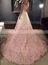 A-line V-neck Lace Sweep Train Flower(s) Prom Dresses #UKM020108434