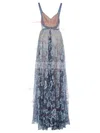 A-line V-neck Lace Sweep Train Prom Dresses #UKM020108436