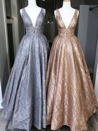 Ball Gown V-neck Sparkly Sequin Prom Dresses With Beading #UKM020108437