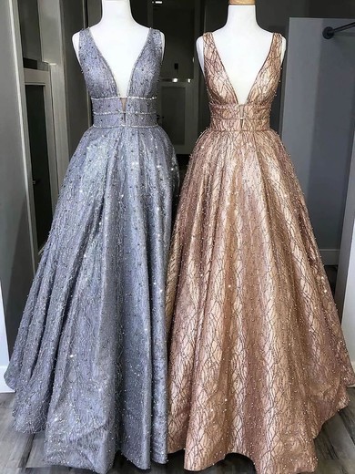 A-line V-neck Glitter Sweep Train Prom Dresses #UKM020108437