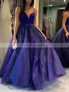 A-line V-neck Glitter Sweep Train Prom Dresses #UKM020108440
