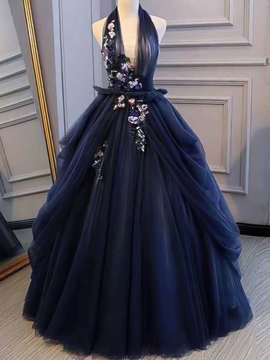 Ball Gown Halter Tulle Sweep Train Flower(s) Prom Dresses #UKM020108446