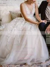 A-line V-neck Lace Tulle Sweep Train Flower(s) Prom Dresses #UKM020108447