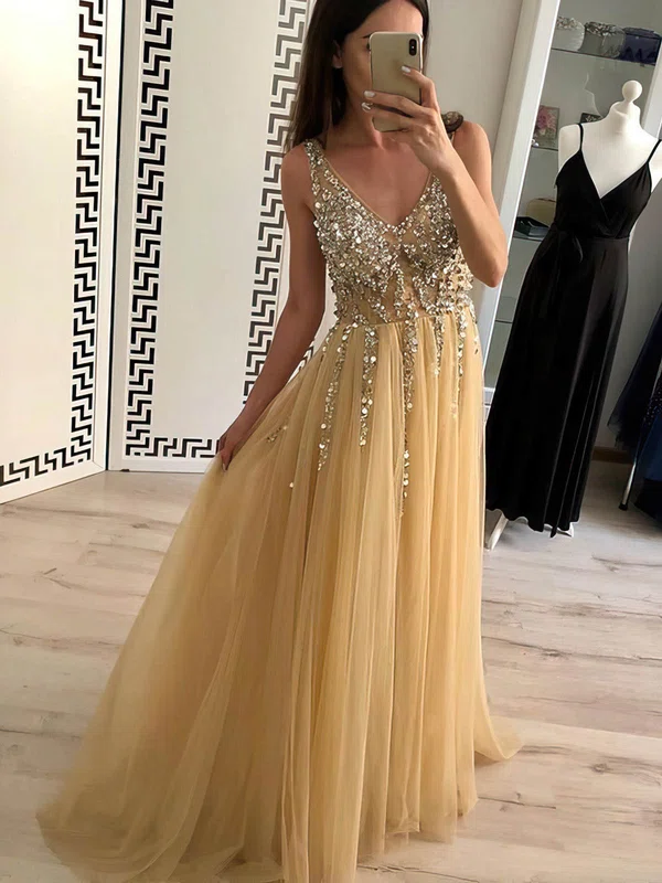 Ball Gown/Princess Sweep Train V-neck Tulle Beading Prom Dresses #UKM020108450