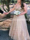 A-line V-neck Glitter Sweep Train Prom Dresses #UKM020108457