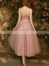 A-line Off-the-shoulder Tulle Silk-like Satin Ankle-length Appliques Lace Prom Dresses #UKM020108459