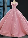 A-line Off-the-shoulder Satin Sweep Train Appliques Lace Prom Dresses #UKM020108461