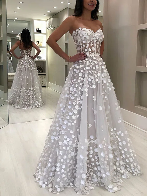 Ball Gown/Princess Floor-length Sweetheart Tulle Flower(s) Prom Dresses #UKM020108462