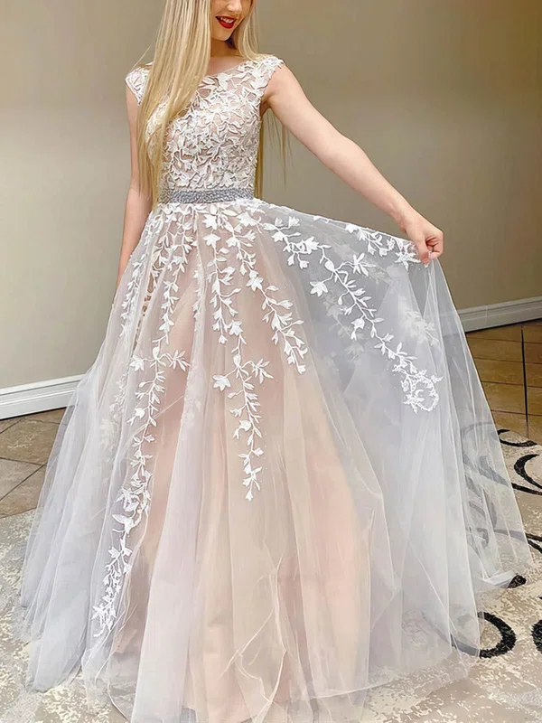 Ball Gown Scoop Neck Tulle Sweep Train Beading Prom Dresses #UKM020108465