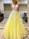 Ball Gown/Princess Floor-length V-neck Tulle Appliques Lace Prom Dresses #UKM020108467