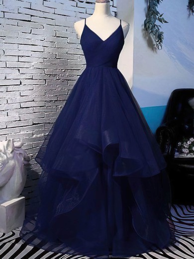 Ball Gown V-neck Glitter Sweep Train Cascading Ruffles Prom Dresses #UKM020108469