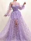 Ball Gown/Princess Sweep Train High Neck Tulle Long Sleeves Flower(s) Prom Dresses #UKM020108483
