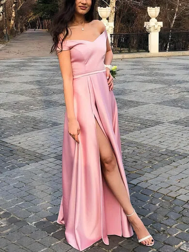 A-line Off-the-shoulder Satin Sweep Train Split Front Prom Dresses #UKM020108488