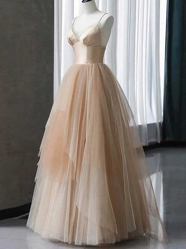 A-line V-neck Tulle Silk-like Satin Sweep Train Prom Dresses #UKM020108490