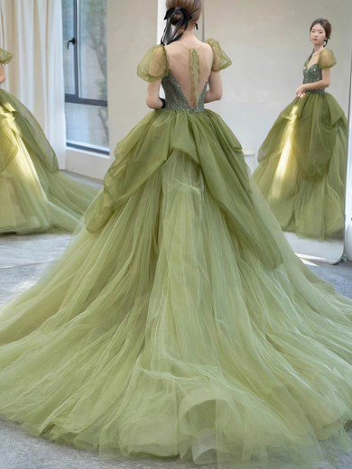 Ball Gown V-neck Tulle Sweep Train Beading Prom Dresses #UKM020108495