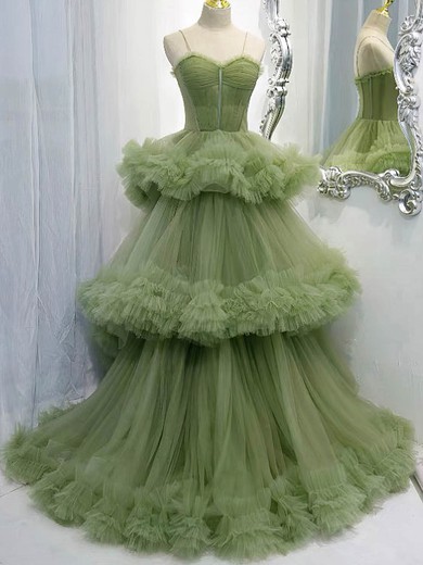 Ball Gown Sweetheart Tulle Sweep Train Tiered Prom Dresses #UKM020108496