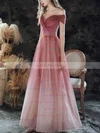 A-line Off-the-shoulder Glitter Sweep Train Prom Dresses #UKM020108497