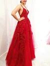 A-line V-neck Lace Tulle Sweep Train Appliques Lace Prom Dresses #UKM020108501