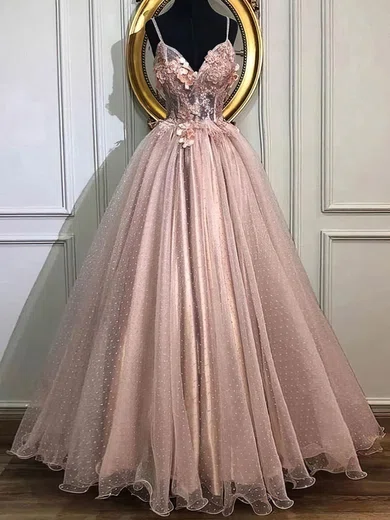 Ball Gown V-neck Lace Tulle 3D Floral Prom Dresses With Appliques #UKM020108502