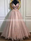 A-line V-neck Lace Tulle Sweep Train Appliques Lace Prom Dresses #UKM020108502