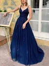 Ball Gown/Princess Sweep Train V-neck Tulle Appliques Lace Prom Dresses #UKM020108504