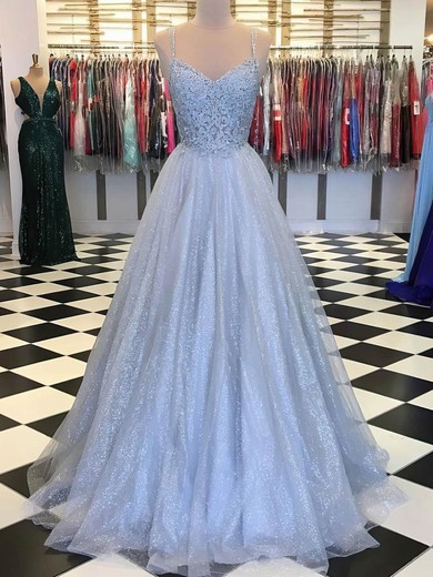 A-line V-neck Glitter Sweep Train Appliques Lace Prom Dresses #UKM020108507