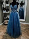 A-line V-neck Glitter Sweep Train Appliques Lace Prom Dresses #UKM020108508