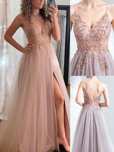 Ball Gown/Princess Sweep Train V-neck Tulle Beading Prom Dresses #UKM020108511