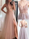 Ball Gown/Princess Sweep Train V-neck Tulle Beading Prom Dresses #UKM020108511
