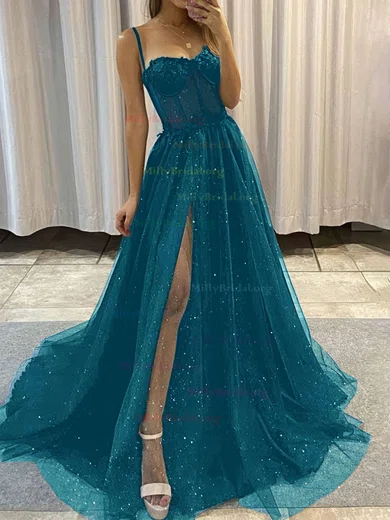 Ball Gown Sweetheart Glitter Sweep Train Appliques Lace Prom Dresses MillyBridal