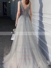 A-line V-neck Tulle Sweep Train Beading Prom Dresses #UKM020108515