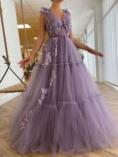 Ball Gown/Princess Floor-length V-neck Tulle Appliques Lace Prom Dresses #UKM020108517