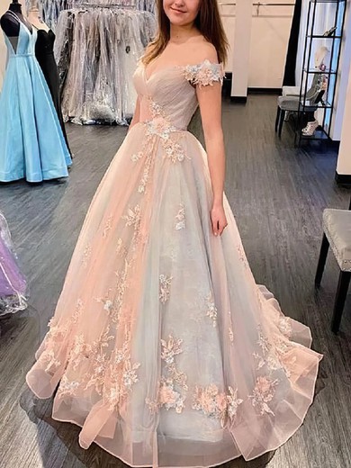 Ball Gown Off-the-shoulder Lace Tulle Sweep Train Beading Prom Dresses #UKM020108522