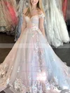Ball Gown Off-the-shoulder Lace Tulle Sweep Train Beading Prom Dresses #UKM020108522