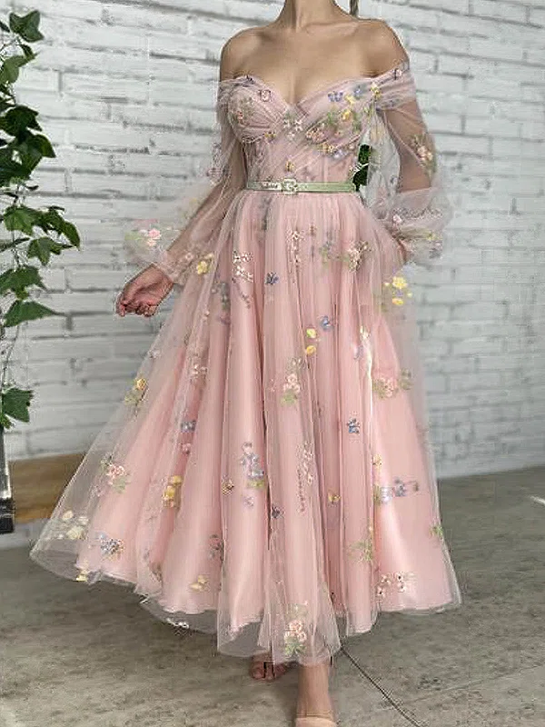 Ball Gown/Princess Ankle-length Off-the-shoulder Tulle Sashes / Ribbons Prom Dresses #UKM020108525