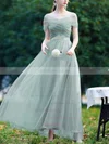A-line Scoop Neck Tulle Floor-length Sashes / Ribbons Prom Dresses #UKM020108527