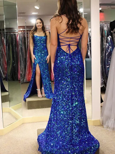 Sheath/Column Square Neckline Sequined Sweep Train Split Front Prom Dresses #UKM020108529
