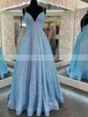 A-line V-neck Glitter Sweep Train Prom Dresses #UKM020108534