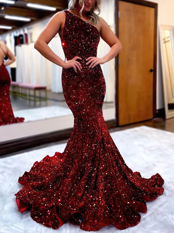 Trumpet/Mermaid Sweep Train One Shoulder Velvet Sequins Prom Dresses #UKM020108539