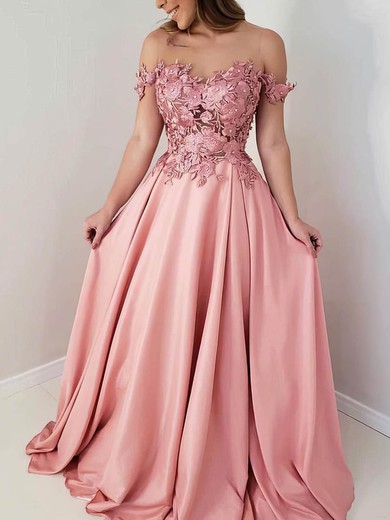 A-line Scoop Neck Silk-like Satin Sweep Train Appliques Lace Prom Dresses #UKM020108540