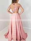 A-line Scoop Neck Silk-like Satin Sweep Train Appliques Lace Prom Dresses #UKM020108540
