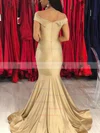 Trumpet/Mermaid Off-the-shoulder Silk-like Satin Sweep Train Ruffles Prom Dresses #UKM020108252