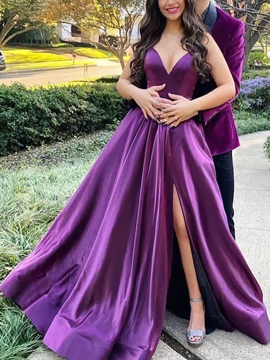 A-line V-neck Silk-like Satin Sweep Train Split Front Prom Dresses #UKM020108265
