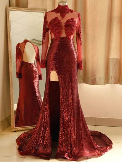 Mermaid High Neck Sparkly Sequin Tulle Prom Dresses With Appliques #UKM020108281
