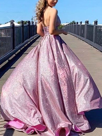 A-line V-neck Glitter Sweep Train Prom Dresses #UKM020108282